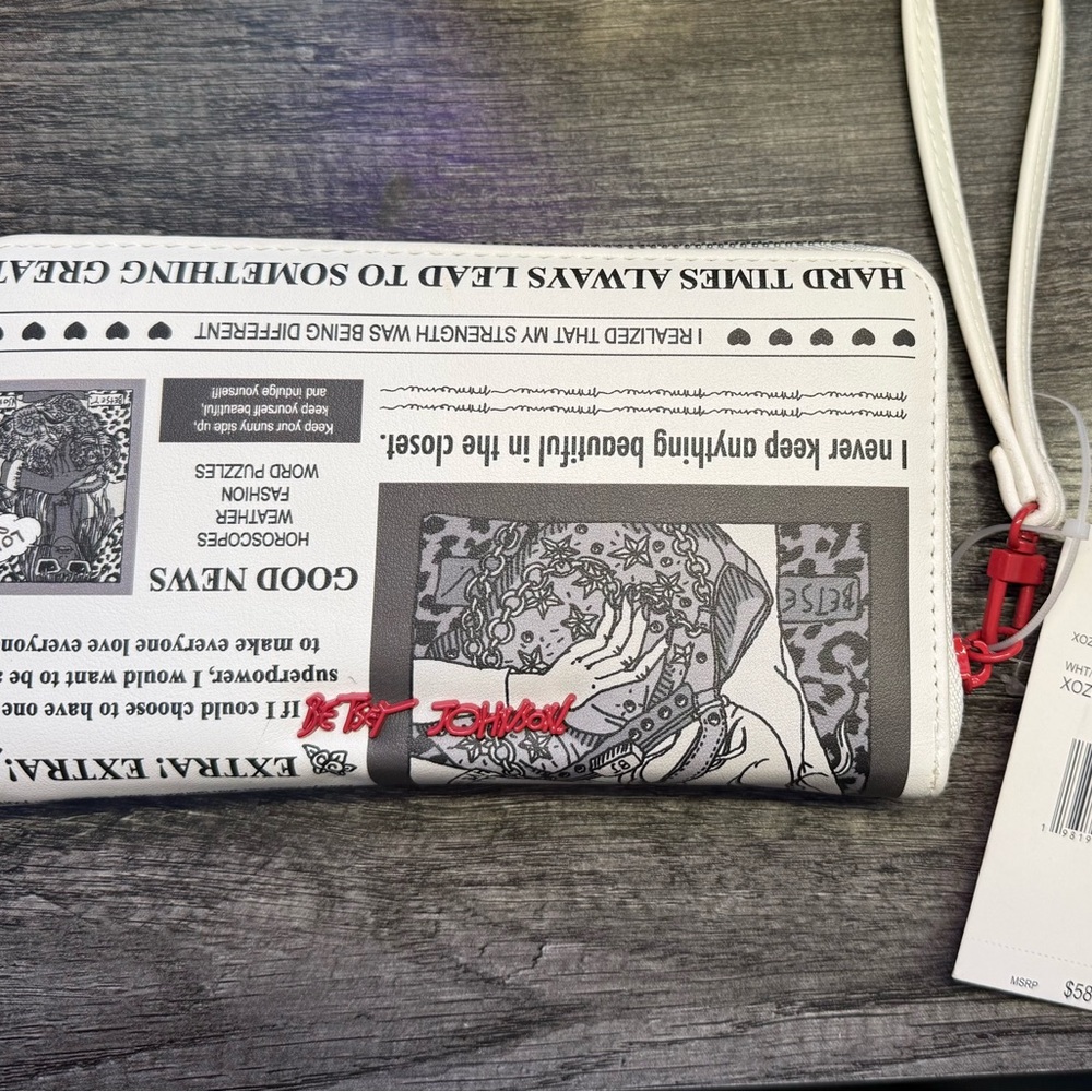 Betsey Johnson White & Black Newspaper Print Wristlet with Red Logo